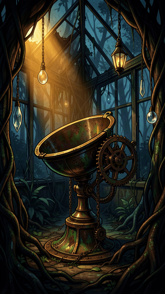 Dark steampunk listening machine in a ruined greenhouse
