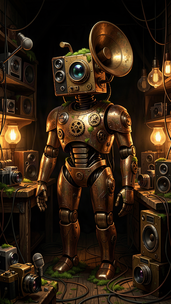 A brass-and-copper guardian machine surrounded by reclaimed cameras, microphones, and speakers in a dark workshop